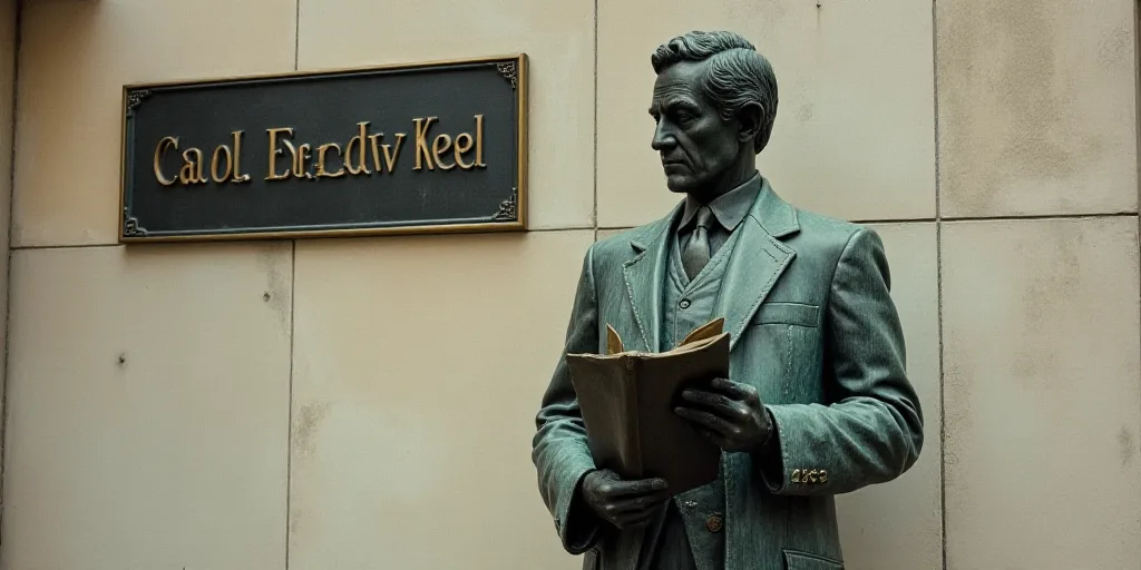 a statue of a man with a book in his hand in front of a wall with a name sign, Carl Eugen Keel, vapo