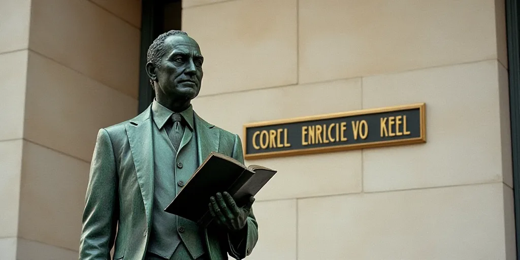 a statue of a man with a book in his hand in front of a wall with a name sign, Carl Eugen Keel, vapo