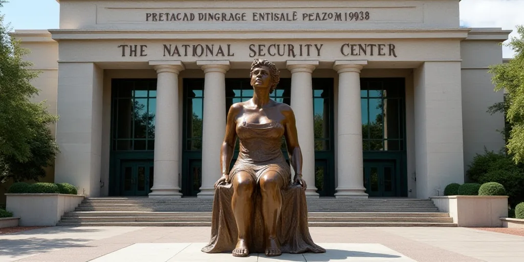 a statue of a woman sitting on a chair in front of a building with a sign that says the national sec