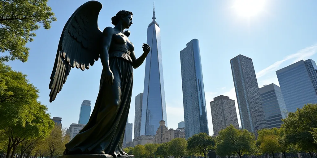 a statue of an angel in a city park with skyscrapers in the background, in a sunny day, David Alfaro