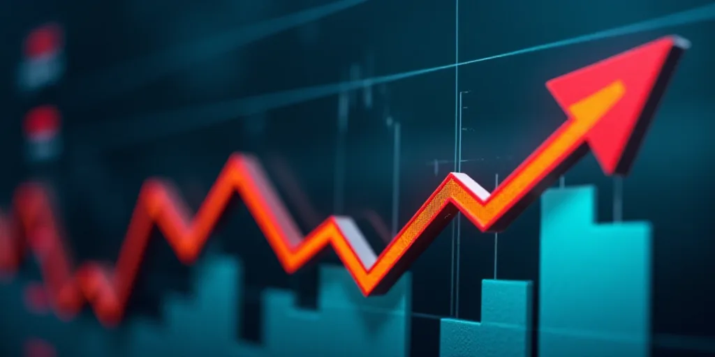 a stock market with a line graph and a red arrow pointing up to the bottom of the chart and a yellow