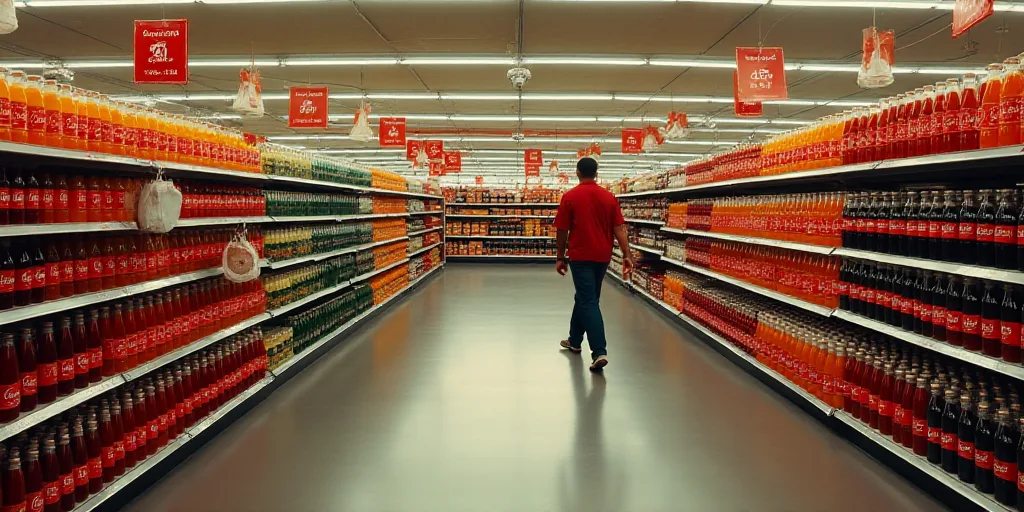 a store filled with lots of bottles of juice and a man walking by it in the aisle of the store, Doro