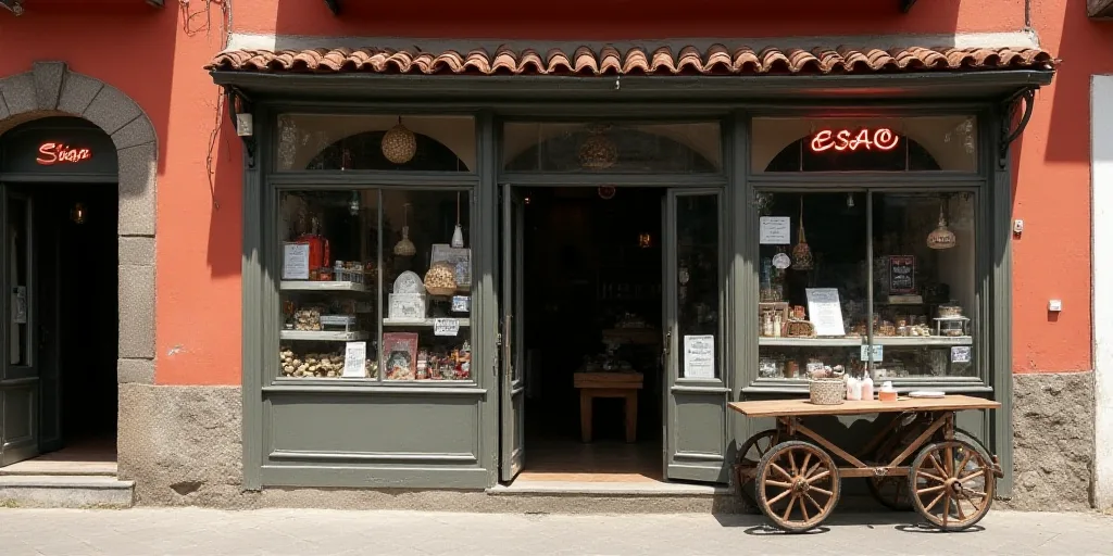a store front with a cart in the window and a sign above the door that says, semesas barra, ESAO, fo