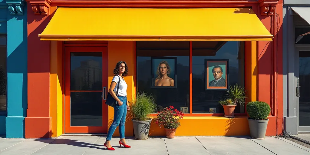 a store front with a woman standing outside of it and a yellow sign above the door that says,'copper