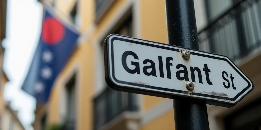 a street sign on a pole with a building in the background and a flag hanging on the wall street sign