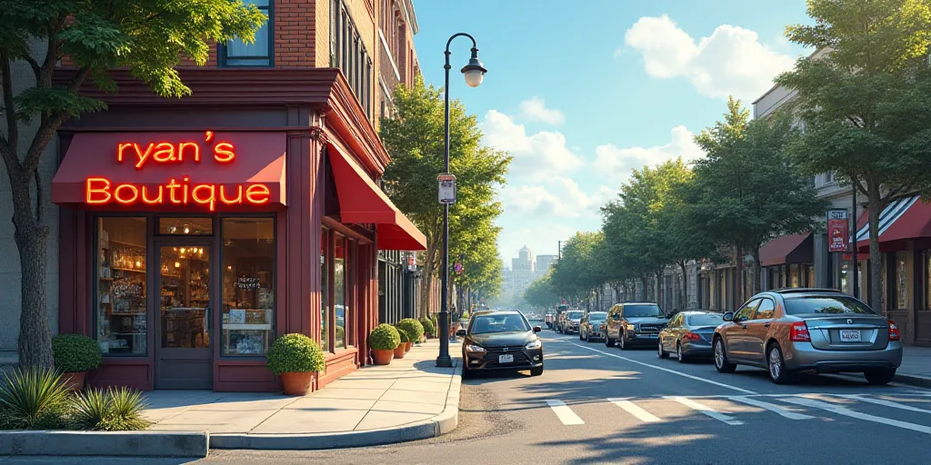 a street with cars parked on the side of it and a storefront with a sign that says ryan's boutique,