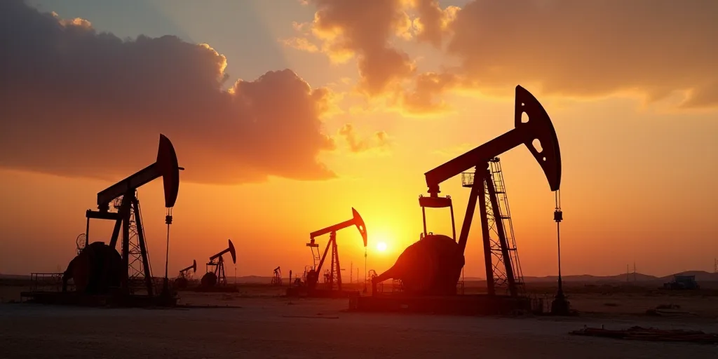 a sunset view of oil pumps in the desert with a sky background and clouds in the background, with a