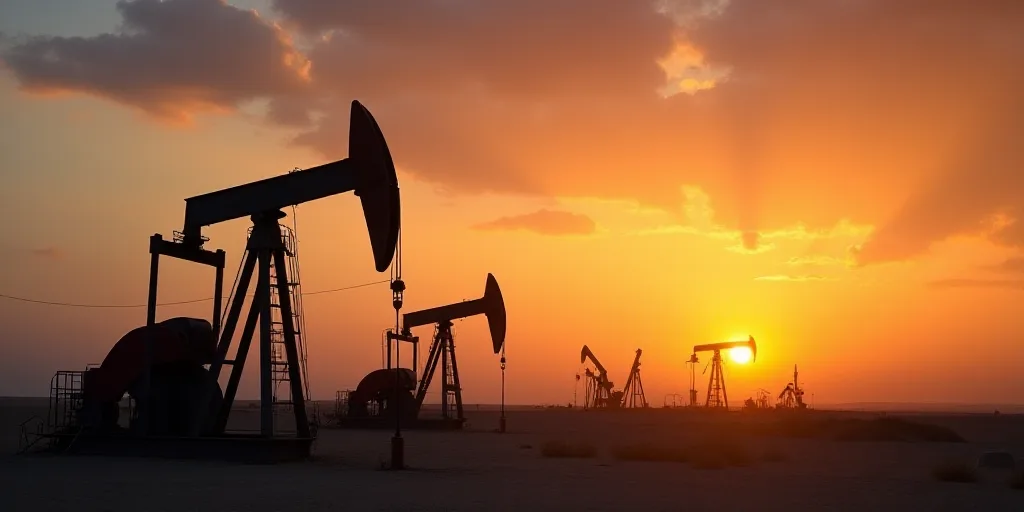 a sunset view of oil pumps in the desert with a sky background and clouds in the background, with a