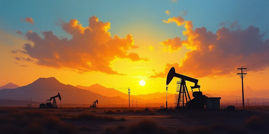 a sunset with oil pumps silhouetted against a cloudy sky with mountains in the background and a yell