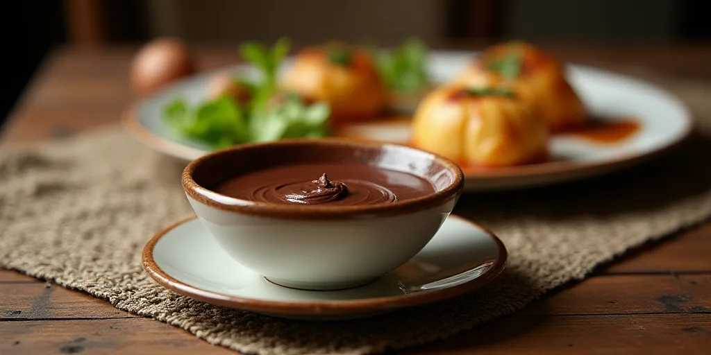 a table topped with a bowl of chocolate and a plate of food next to it on a mat with other food item