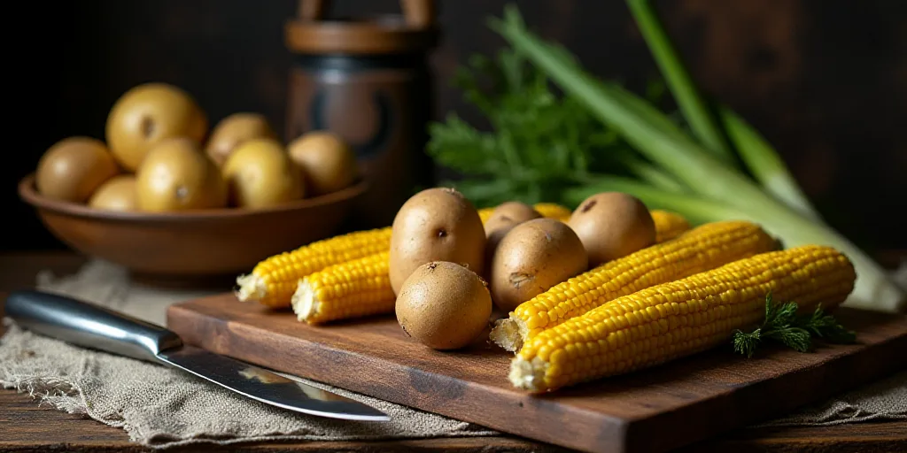 a table topped with corn, potatoes, and other foods on top of a wooden cutting board next to a knife