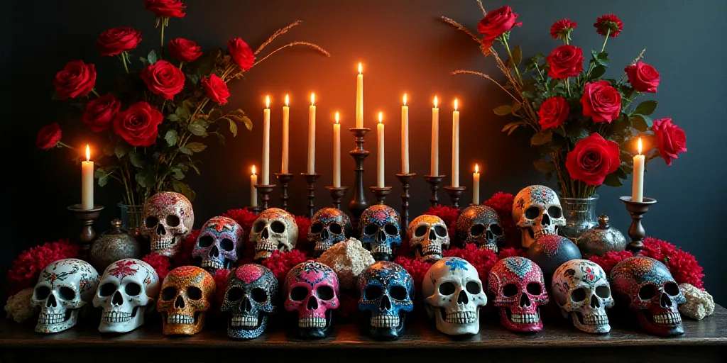 a table topped with lots of colorful skulls and candles in front of a wall of flowers and candles in