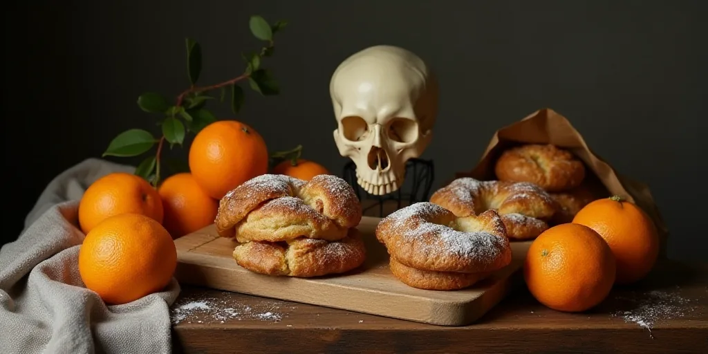 a table topped with oranges and pastries next to a wooden cutting board with a skull on it, Ceferí