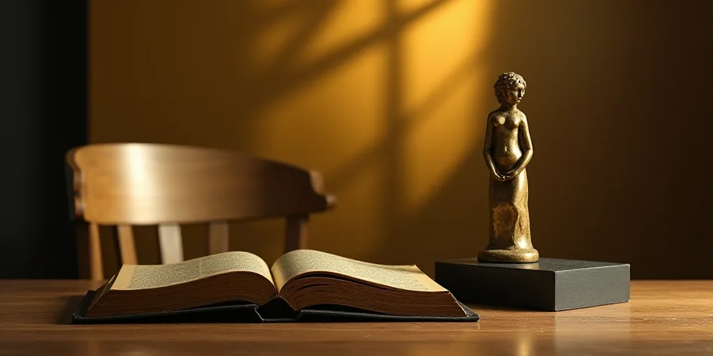 a table with a book on it and a chair in the background with a yellow light on it and a black book o