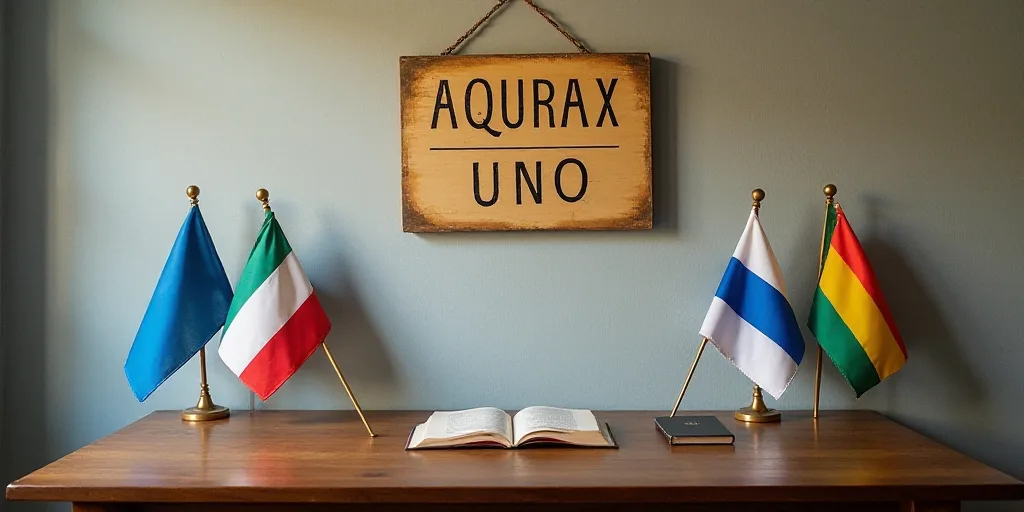 a table with a book, passport, and flags on it and a wall with a sign that says usmcc, Aquirax Uno,