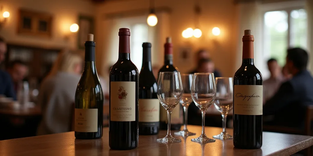 a table with several bottles of wine on it and people in the background looking at them from behind