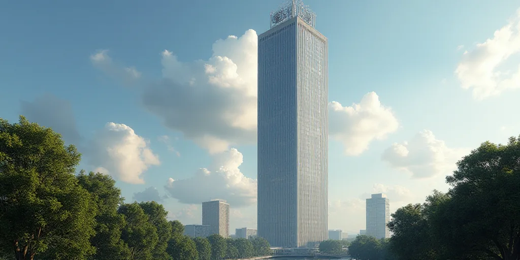 a tall building with a clock on top of it's side and a sky background with trees in the foreground,