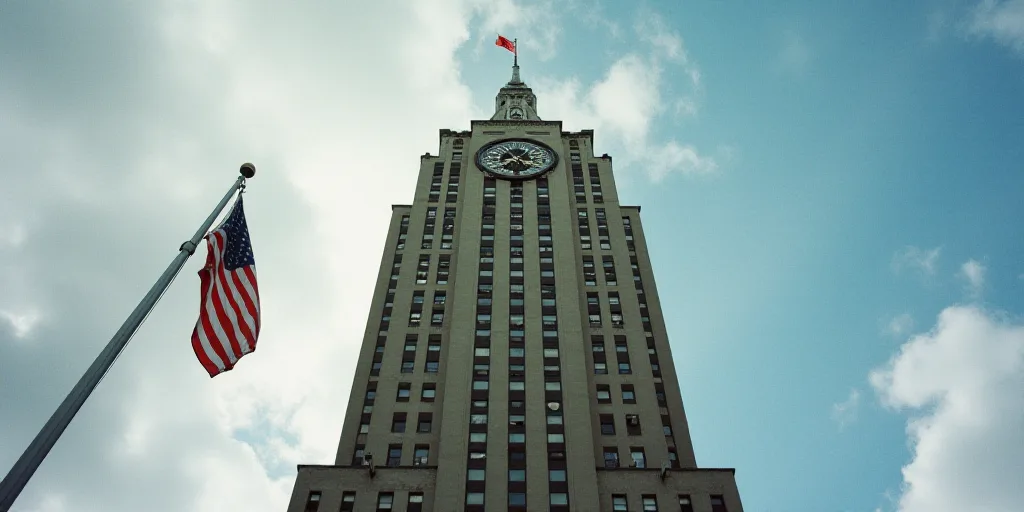a tall building with a clock on the front of it and a flag on the side of it in front of a flagpole,