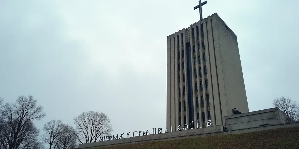 a tall building with a cross on top of it and a sign in front of it that says european central bank,