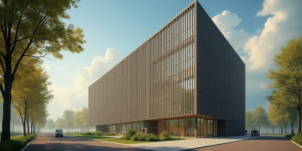 a tall building with a glass front and a sky background with a tree in the foreground and a sign in