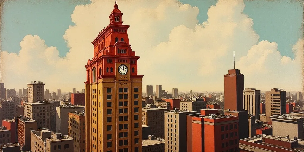 a tall building with a red roof and a red clock tower on top of it's side in a city, David Alfaro Si