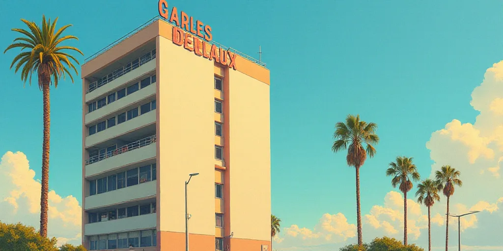 a tall building with a sign on top of it's side and palm trees in front of it, Carles Delclaux Is, s