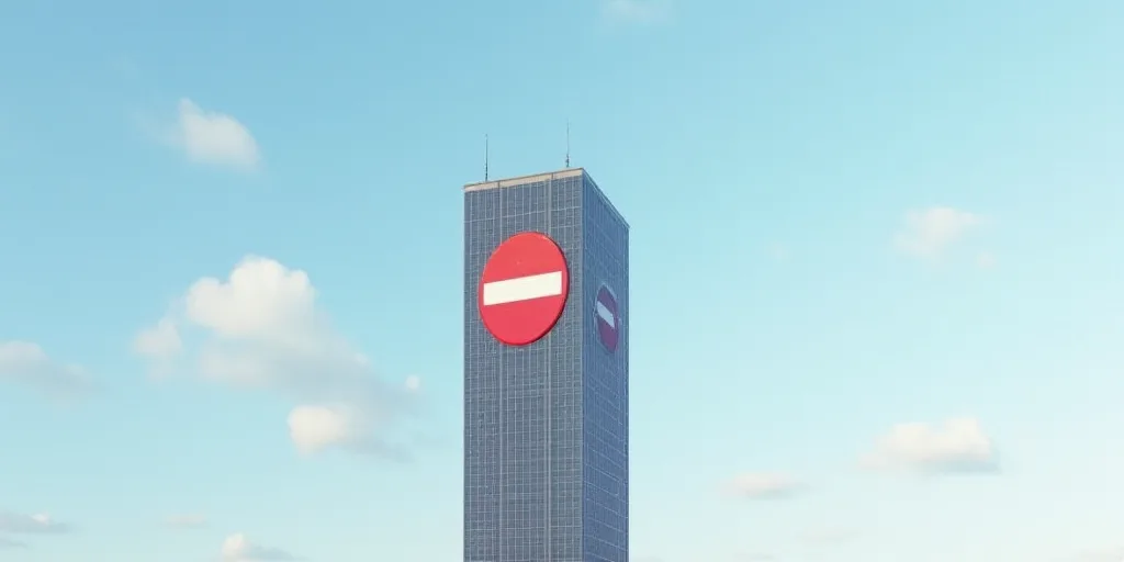 a tall building with a sky background and a red and white logo on it's side and a blue sky, David Ra