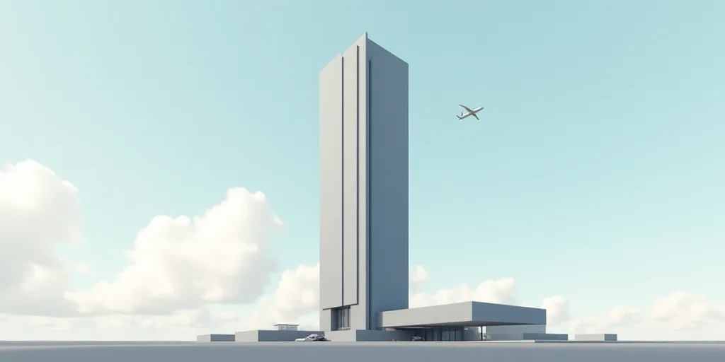 a tall building with a sky background and a few clouds in the sky behind it and a plane flying in th