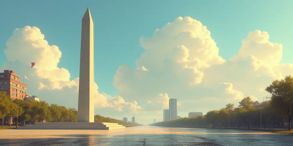 a tall obelisk in a city with a flag flying in the wind and a building in the background, Emiliano P