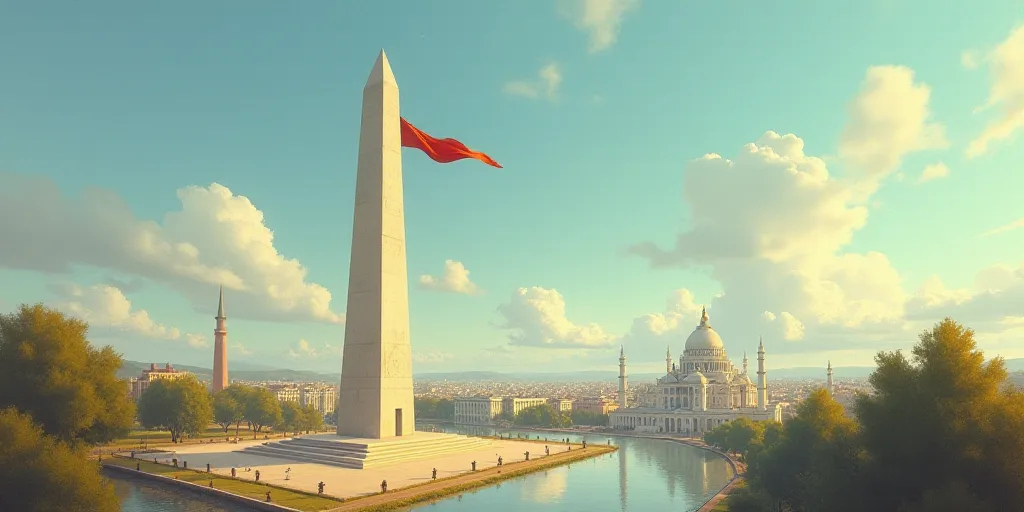 a tall obelisk in a city with a flag flying in the wind and a building in the background, Emiliano P