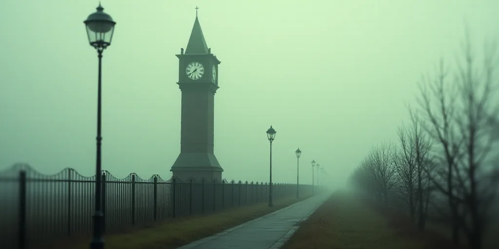 a tall tower with a clock on top of it next to a fence and a street light on a pole, Enguerrand Quar