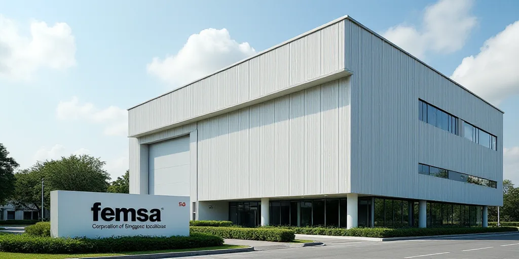 a tall white building with a sign in front of it that says femsa corporation of singapore locatica,