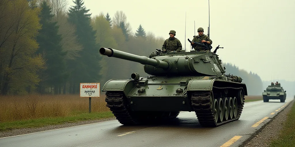 a tank with soldiers on top driving down a road with trees in the background and a sign that says ru