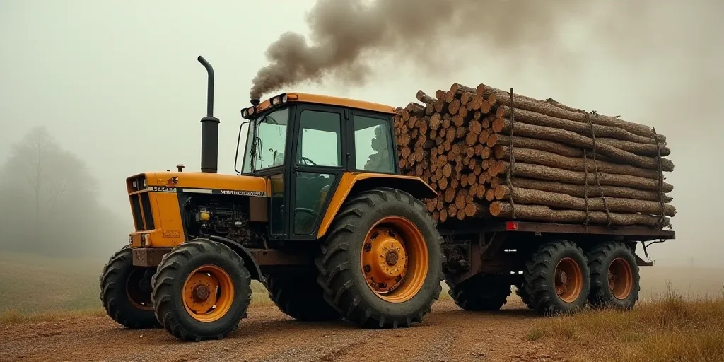 a tractor with a load of wood on the back of it and smoke coming out of the back of it, Ceferí Oliv