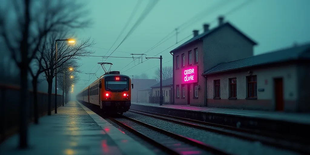 a train station with a train on the tracks and a building with a pink sign on it's side, Ceferí Oli