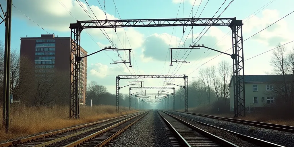 a train track with many wires and poles above it and a building in the background with a sky backgro