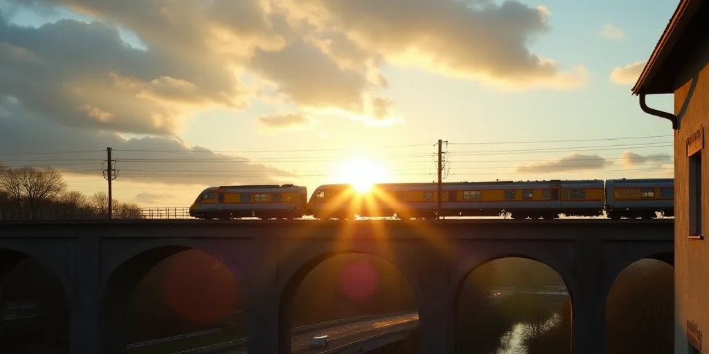 a train traveling over a bridge with the sun shining behind it and clouds in the sky above it and a