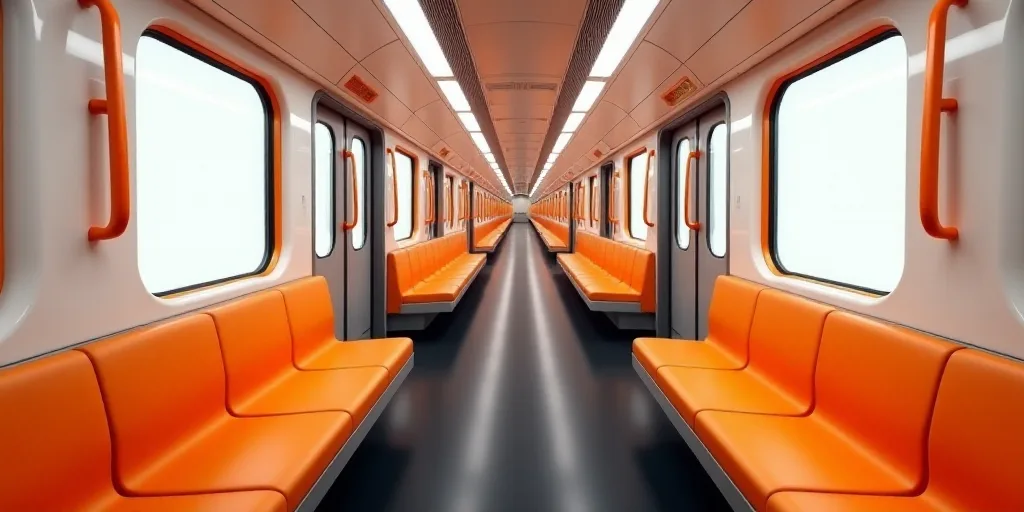 a train with orange and white seats and a black floor and a long hallway with orange and white divid