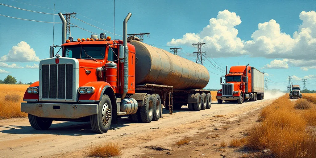a truck driving down a dirt road next to a tractor trailer and a tractor trailer with a tank on it,
