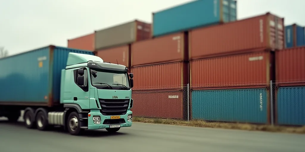 a truck is parked in front of a large stack of shipping containers that are stacked high up on a fen