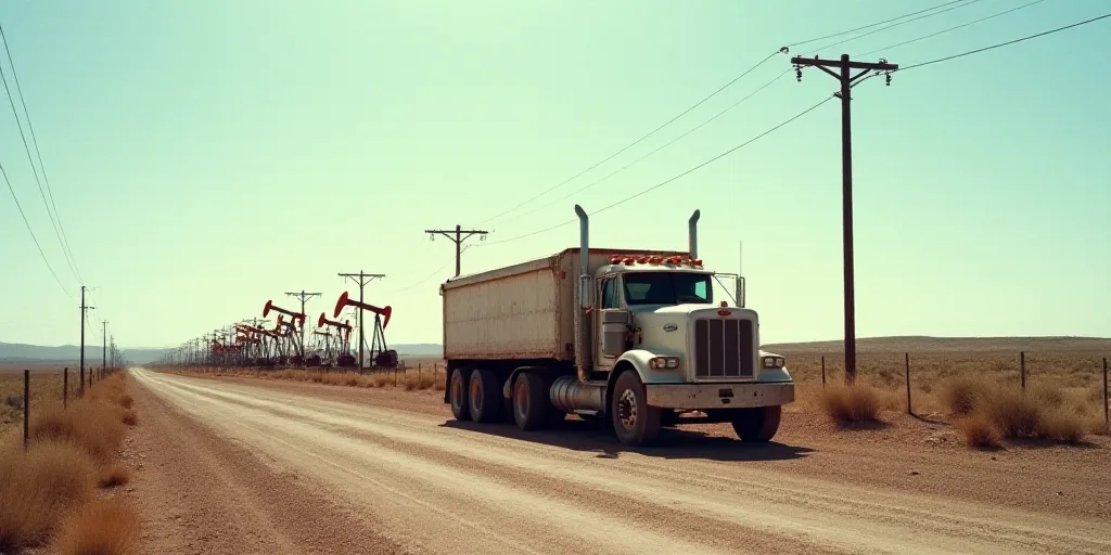 a truck parked in front of a row of oil pumps on a dirt road next to a field of power lines, Elbridg