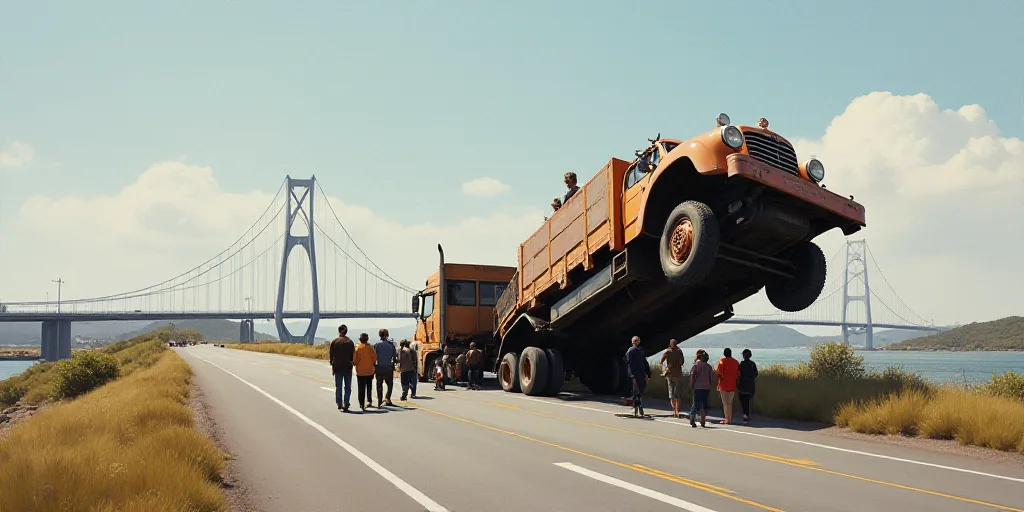 a truck that has been turned over on its side on a road with people standing around it and a bridge