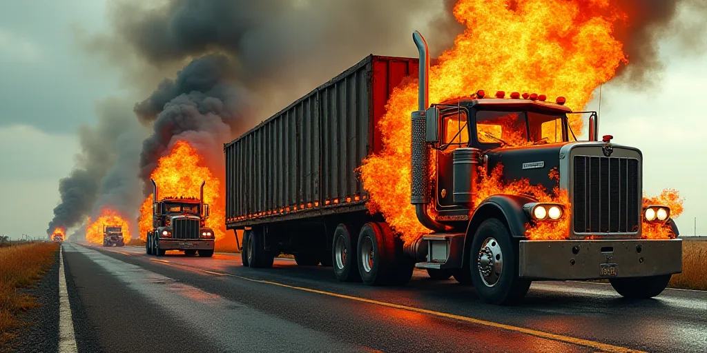 a truck with a trailer on it is on fire on the side of the road with another truck in the back, Estu