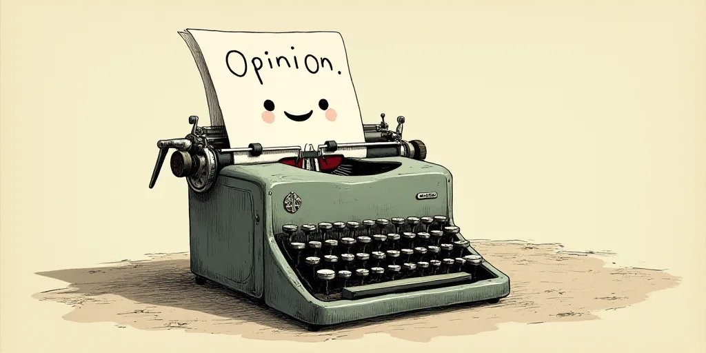 a typewriter with a face drawn on it and a caption for the words opinion and a question, Edward Otho
