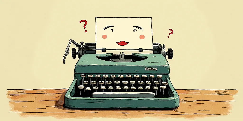 a typewriter with a face drawn on it and a caption for the words opinion and a question, Edward Otho