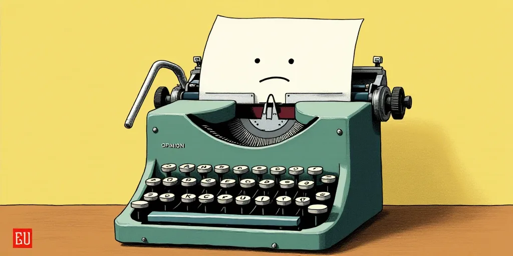 a typewriter with a face drawn on it and a caption for the words opinion and a question, Edward Otho