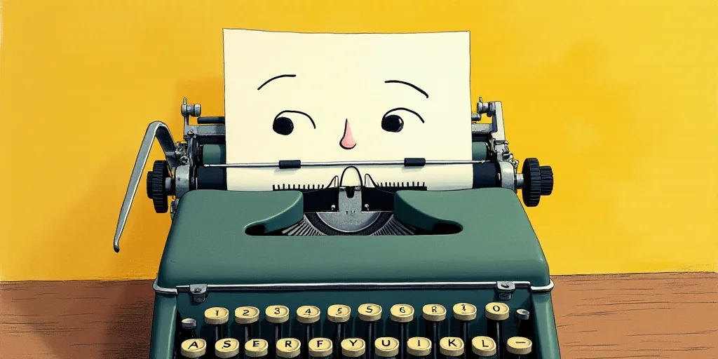 a typewriter with a face drawn on it and a caption for the words opinion and a question, Edward Otho