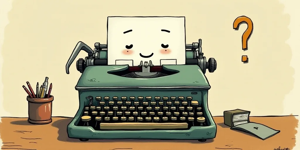 a typewriter with a face drawn on it and a caption for the words opinion and a question, Edward Otho