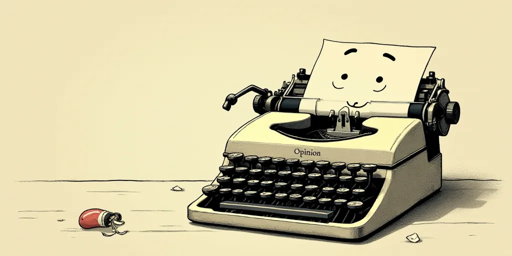 a typewriter with a face drawn on it and a caption for the words opinion and a question, Edward Otho
