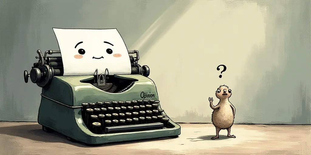 a typewriter with a face drawn on it and a caption for the words opinion and a question, Edward Otho